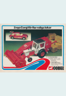 Reklambild för Corgi Toys som visar upp en bil med öppningsbar baklucka samt en traktor med höbalningsmaskin
