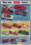 Annons från Corgi som visar upp 11 leksaksbilar i metall samt två traktorer och en traktorvagn