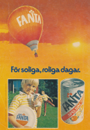 Reklam för apelsinläsken Fanta med bild på en luftballong i solnedgång samt ett extra infällt foto på en pojke som dricker Fanta