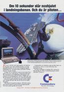 Reklam för hemdatorn Commodore 64 med ett foto på ett attackflygplan som närmar sig en flygbas