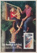Reklam för Fanta, en pappa och två pojkar bygger en träkoja och dricker Fanta