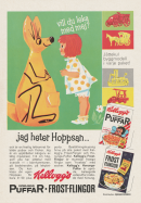 Reklam för Kellogg's frukostflingor där man kan beställa en uppblåsbar Känguru, Hoppsan, till ett förmånligt pris