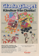 Reklam för tabletteraskar från Cloetta med motiv av Pelle Svanslös och de andra figurerna i sagan