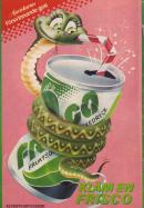 Annons för läsken Frisco där en tecknad orm klämmer läskburken och dricker läsk med sugrör
