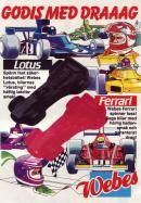 Reklam för godiset Lotus och Ferrari från Webes med flera illustrationer av racingbilar
