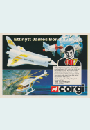 Reklam för leksaker från Corgi toys där temat är rymd och James Bond