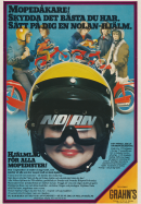 Reklam för mopedhjälm från Nolan med tanke på att det kommit en ny lag (1978)