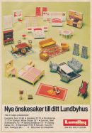 Reklam för nya möbler som nu finns tillgängliga att köpa till dockhus från Lundby of Sweden, Lerum