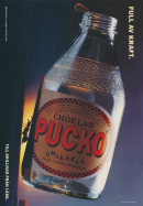 Reklam för chokladdrycken Pucko som med sloganen Full av kraft illustreras av en myra som lyfter upp en flaska Pucko