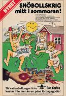 Reklam för vattenballonger med en illustration av tre barn som leker i sommarväder
