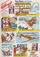 Reklam för Kelloggs Frosties frukostflingor. En seriestrip med Tony Tiger som hoppar backhoppning och råkar hamnar i en isvak.