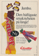 Reklam för chokladbiten Jambo, där man får se de tre olika varianterna som den består av och deras förpackningar