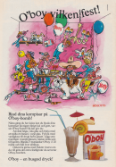 Illustration av ett kalas där en massa roliga saker händer. Reklam för chokladdrycken O'boy.