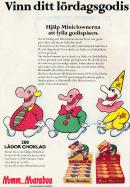 Reklam för Marabous miniförpackningar av godis med deras tre maskoterna i form av små clowner