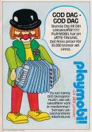 Reklam för en tävling med Playmobil. En teckning av en Playmobil-clown informerar om att man kan hitta tävlingsfoldrar hos leksakshandlarna.
