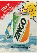 Annons för drycken Zingo där läskeburken svävar över ett hav med två vindsurfingbrädor på